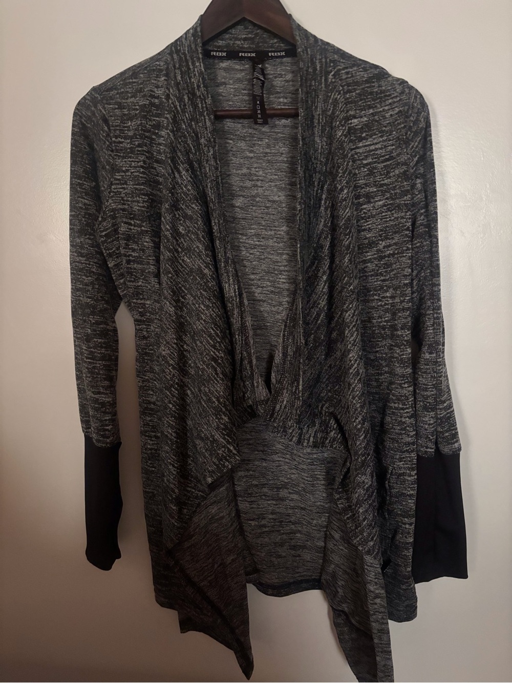 RBX Women's Marled Gray & Black Draped Open Cardigan